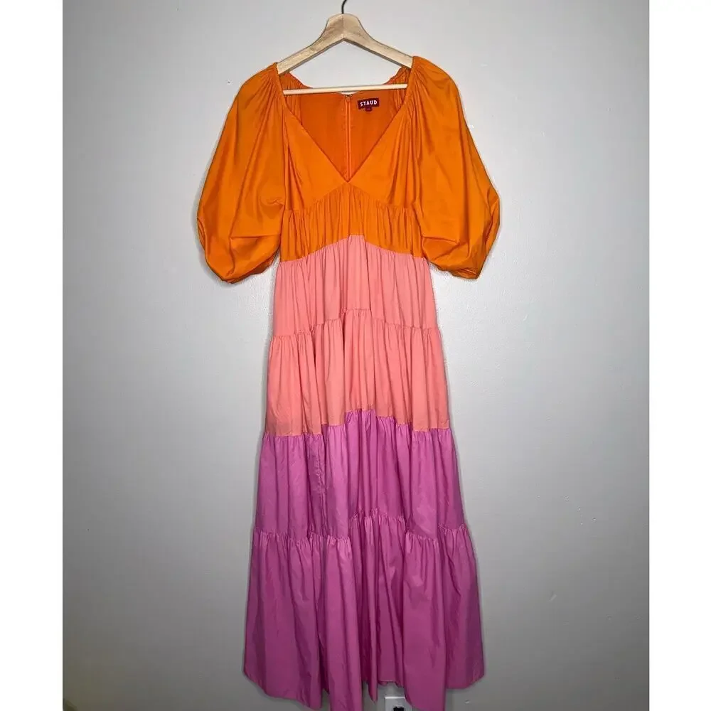 Staud Meadow Color Block Maxi Dress Puff Sleeves Pink Orange Size XS V-Neck